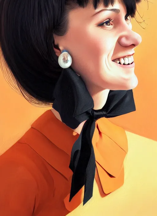 Image similar to portrait of high school girl, realistic, black hair, bangs, half updo hairstyle, pointy nose, skinny, smile, ugly, defined jawline, big chin, orange hair bow, earrings, intricate, elegant, riverdale, highly detailed, digital painting, artstation, sharp focus, illustration, art by wlop, mars ravelo and greg rutkowski