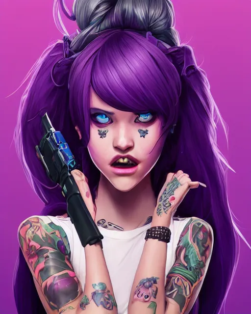 Prompt: beautiful female purple hair tattoo symmetrical face eyes singing full length fantasy art apex fortnite Video game icon, 2d game art gta5 cover , official fanart behance hd artstation by Jesper Ejsing, by RHADS, Makoto Shinkai and Lois van baarle, ilya kuvshinov, rossdraws