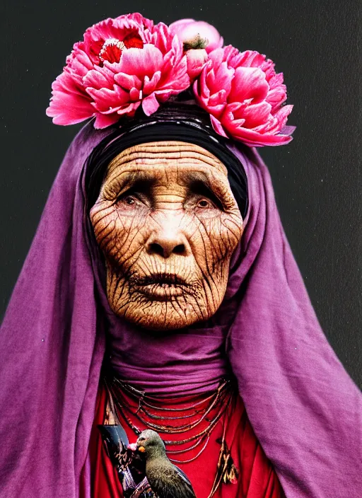 Prompt: red gloss helmet on face portrait of a old woman, tuareg, nomads, vultures, many peonies, flower buds, birds on hight detailed background, dark background, purple colour scheme, full length, masterpiece, dark background, art by giger, cinestill, moviestill, bokeh, artstation