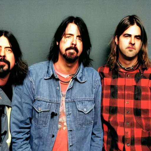 Prompt: dave grohl, krist novoselic and kurt cobain, album cover