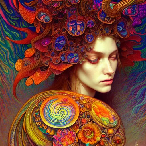 Image similar to An extremely psychedelic experience, reality bending, colorful, surreal, magic mushrooms, psilocybin, LSD, face, detailed, intricate, elegant, highly detailed, digital painting, artstation, concept art, smooth, sharp focus, illustration, art by Krenz Cushart and Artem Demura and alphonse mucha