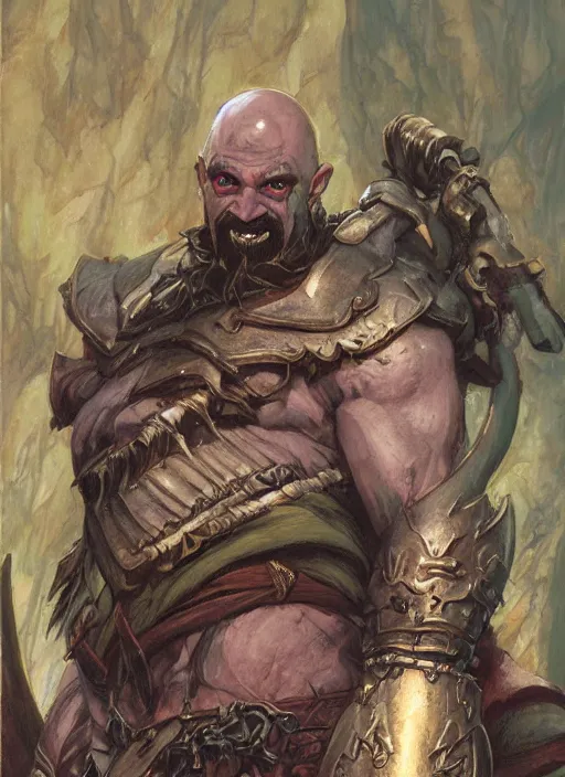 Image similar to a fantasy comic book style portrait painting of a grinning bald half - orc male warrior, art by donato giancola and bayard wu and gustav moreau and wayne barlowe