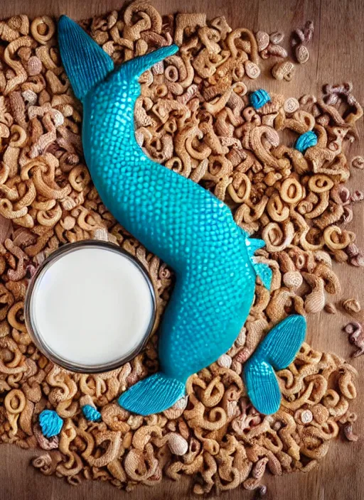 Prompt: mermaid in bol full of cereal and milk