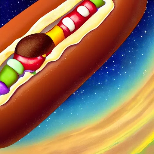 Prompt: a beautiful hotdog in space wearing a tuxedo with colorful bright green eyes, medium shot, hd, 8k, hyper-realism, detailed,