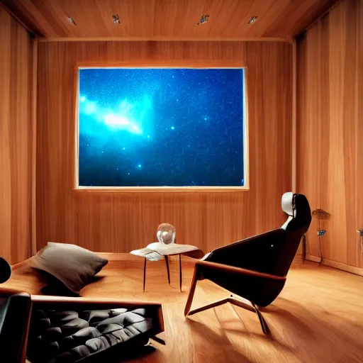 Image similar to wood room with a view of a nebula, modern architecture, cinematic, high quality, 8k