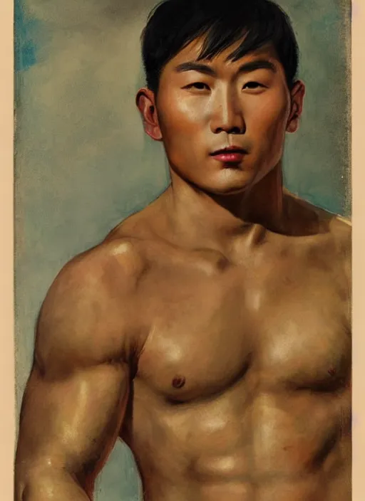 Prompt: a portrait of a muscular korean man with beautiful brown eyes and short black hair, art by manuel sanjulian