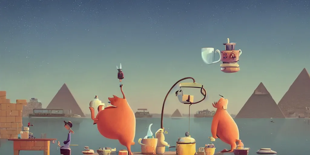 Prompt: cute cartoon king drinking tea at night in front of the great pyramids by goro fujita and simon stalenhag and wes anderson and alex andreev and chiho aoshima and beeple and banksy and kandinsky and magritte and basquiat and picasso, 8 k, trending on artstation, hyper detailed, cinematic