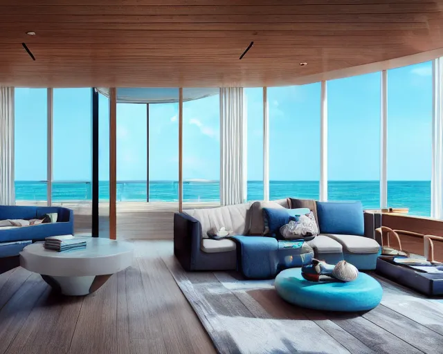 Prompt: A modern living room in a ocean hues style next to a big terrace overlooking the ocean, a luxurious wooden coffee table with large seashells on top in the center, inspired by the ocean, calm, relaxed style, harmony, wide angle shot, 8k resolution, ultra detailed