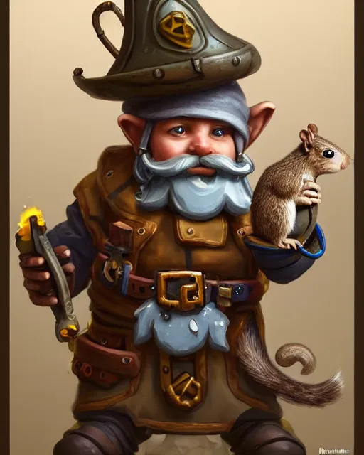 Image similar to A little engineer gnome with a bushy moustache, his tired and grubby with oil stains, standing next to a little mechanical squirrel , deep focus, D&D, fantasy, intricate, elegant, highly detailed, digital painting, artstation, concept art, matte, sharp focus, illustration, hearthstone, art by Artgerm and Greg Rutkowski and Alphonse Mucha