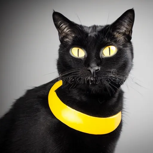 Prompt: a black cat with yellow eyes wearing silver armor, high quality photograph, studio lighting