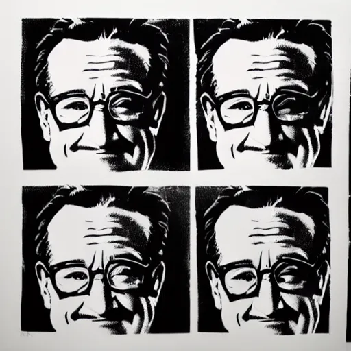 Prompt: silkscreen and lithography to create robin williams in the style of andy warhol