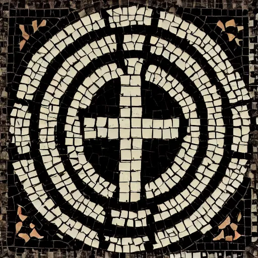 Prompt: from outside looking within the dimly lit ancient temple, punisher symbol in the form of a detailed tile floor mosaic in the form of punisher symbol in spotlight