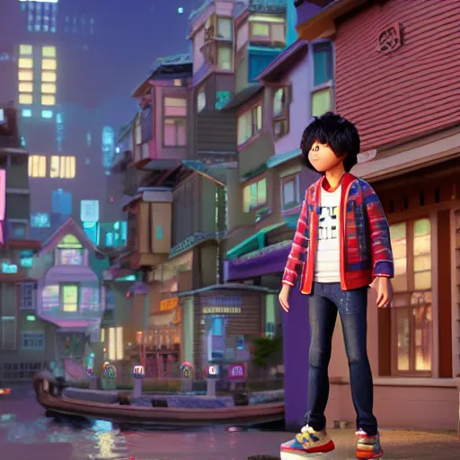 Prompt: hiro hamada standing in front of his home in san fransokyo, close up, pixar film, big hero 6, hyper detailed, digital art, trending on artstation, cinematic lighting, studio quality, smooth render, unreal engine, octane render