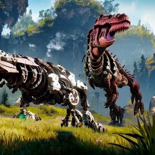 Image similar to gameplay of horizon zero dawn, mech tyrannosaurus rex, highly detailed