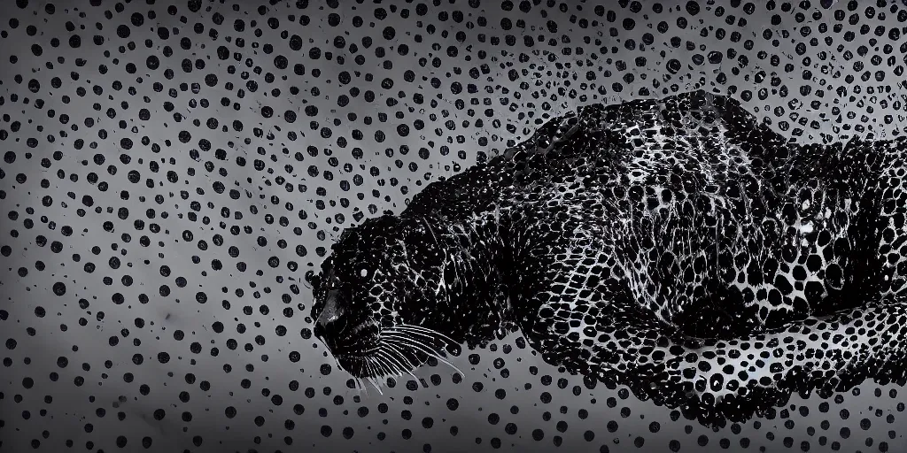 Image similar to the smooth black jaguar, made of ferrofluid, laying on the couch in the living room, covered with ferrofluid. photography, dslr, rimlight, wrinkles, reflections, black goo