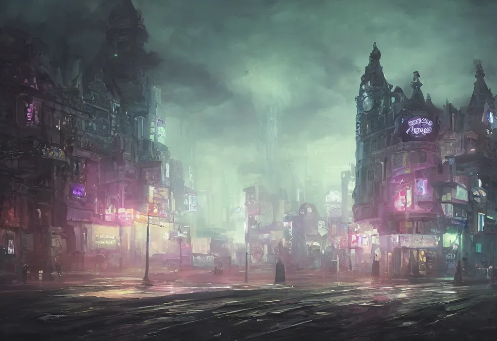 Image similar to A brilliant white castle in the distance, very dark with green lights, blue lights and purple lights, oil painting, dramatic lighting, Jakub Kasper, Makoto Shinkai, hyperrealistic, cinematic, elegant, intricate