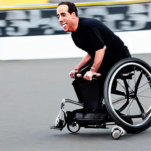 Prompt: jerry seinfeld jumping a wheelchair at x games magazine photo