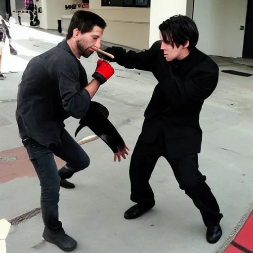 Prompt: Keanu Reevs fighting a ninja with a toothpick
