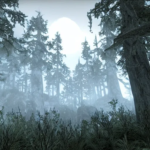 Image similar to a stunning screenshot of a mythical forest in Skyrim