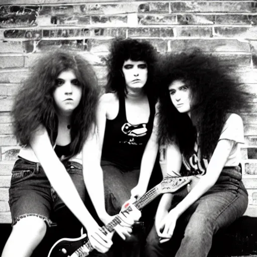 Image similar to Group of 19-year-old women holding electric guitars, long shaggy hair, permed hair, doom metal, punk rock, SST, band promo photo, 1987 photograph