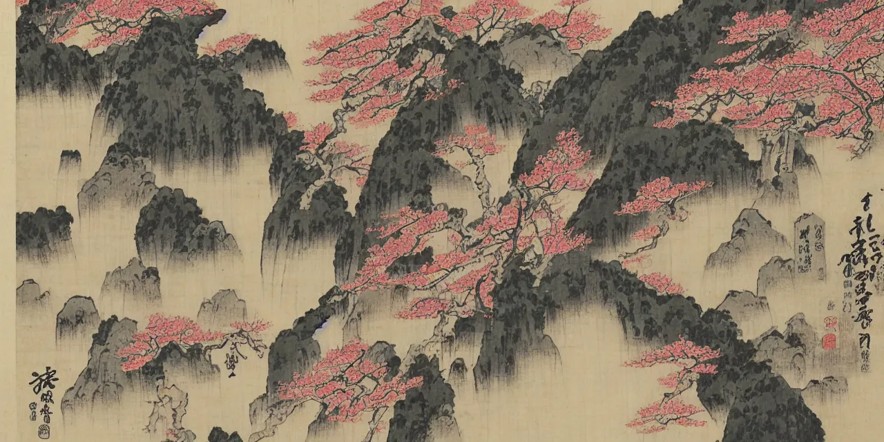 Prompt: sakuras, taoist monks and temples in huangshan, artwork by katsushika hokusai and utagawa hiroshige on old parchment