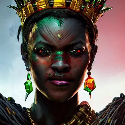 Image similar to a dark and ominous african queen with glowing eyes and a golden crown with a ruby and an emerald in her forehead, Apex Legends character digital illustration portrait design, by android jones and greg rutkowski in a cyberpunk voodoo style, detailed, cinematic lighting, wide angle action dynamic portrait