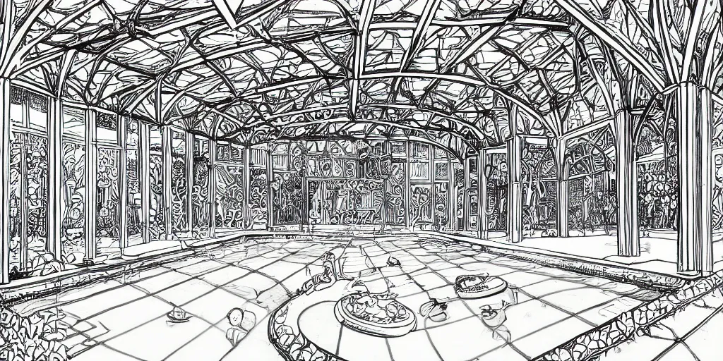 Image similar to lineart black and white indoor swimming pool with large blue archways, giant windows overlooking a garden, drawn with micron pen in the style of popular manga