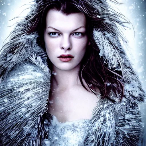 Prompt: Young Milla Jovovich as a snow goddess covered in snow, grungy, unkept hair, glowing eyes, winter, modelsociety, radiant skin, huge anime eyes, RTX on, bright on black, dramatic, studio lighting, perfect face, intricate, Sony a7R IV, symmetric balance, polarizing filter, Photolab, Lightroom, 4K, Dolby Vision, Photography Award