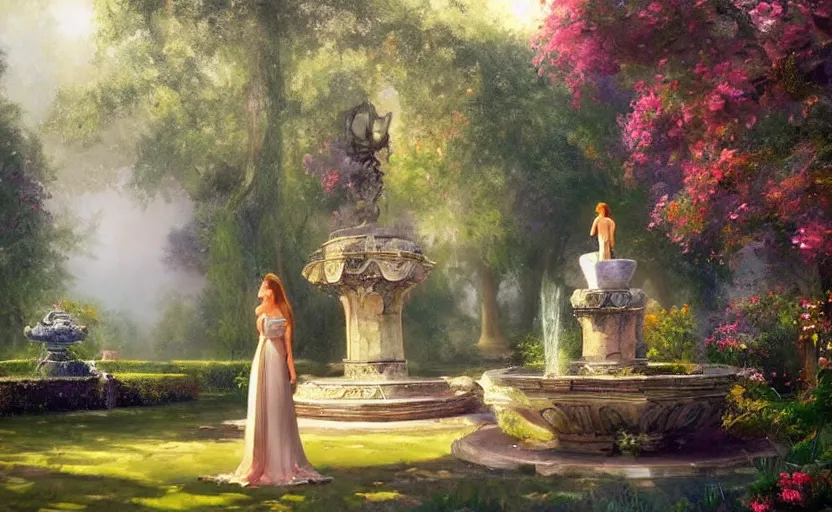 Prompt: The kneeling statue of a woman in a beautiful garden, next to a fountain and a mystical palace, and all this in a foggy and mysterious atmosphere. Fantasy and concept art by Konstantin Razumov.