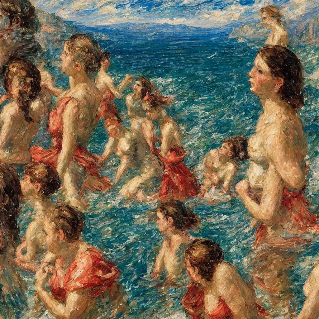 Prompt: 3d high relief painting of lots of girls in the sea at Amalfi, sea level view point painted in the style of the old masters, painterly, thick heavy impasto, expressive impressionist style, painted with a palette knife