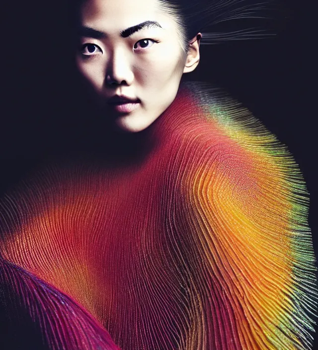 Image similar to photography american portrait of liu wen. great hair style, natural pose, natural lighing, rim lighting, wearing stunning cloth by iris _ van _ herpen, with a colorfull makeup. highly detailed, skin grain detail, film _ noir style lighting, photography by paolo roversi