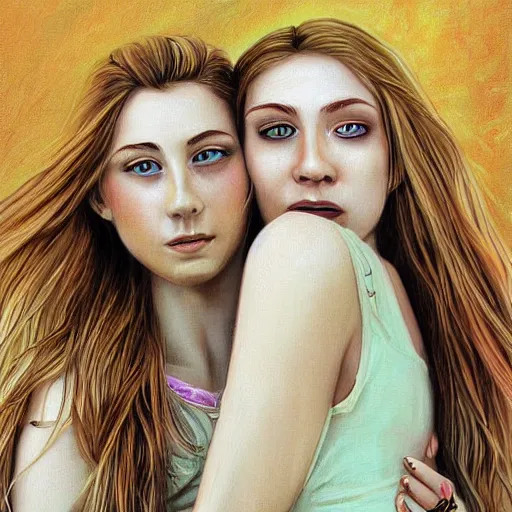 Prompt: a painting two young women in their 2 0 s hugging, they are both beautiful with long blond hair, highly detailed, digital art