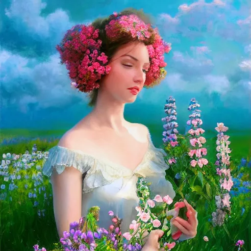 Image similar to a portrait of a romantic woman with flowers grow out of hair, roses peonies forget-me-nots dahlias lupins gladioli, sky theme in background, by Alexandr Averin, Digital Art, Trending on artstation