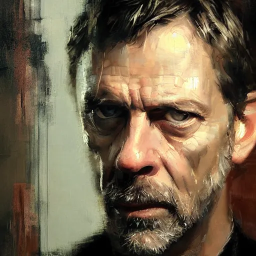 Image similar to face protrait of doctor house, realistic, ultrahd, jeremy mann painting