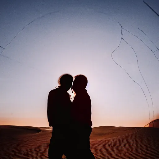 Prompt: photograph of people bonding around a firecircle, kismet, shot from behind, no faces visible, bokeh, atmospheric, desert