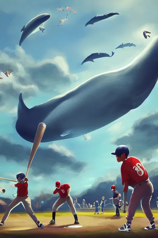 Image similar to people playing baseball while whales fly in the sky, digital art, artstation trending, digital painting