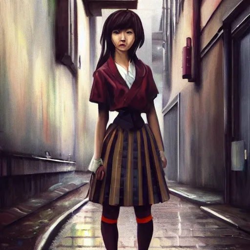 Image similar to a perfect, realistic professional oil painting of a Japanese schoolgirl posing in a dystopian alleyway, style of Marvel, full length, by a professional American senior artist on ArtStation, a high-quality hollywood-style concept