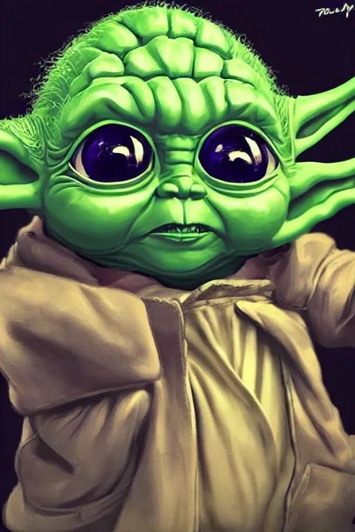 Image similar to baby yoda as a dj, turntable, hip hop, rapper, large speakers, graffiti illustration, highly detailed, artstation, grogu