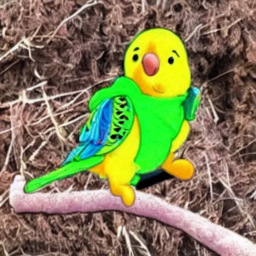 Image similar to a parakeet wearing a Winnie the Pooh hoodie, photo