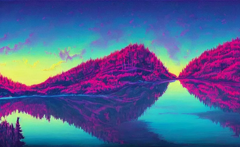 Image similar to beauti ful award winning synthwave painting of a canadian lake, extreme detail, 4 k, ultra hd