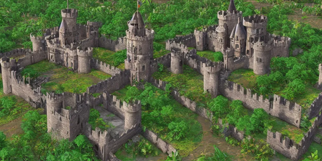 Image similar to medieval castle in a jungle with towers and moat, 3 d, isometric, poly detail