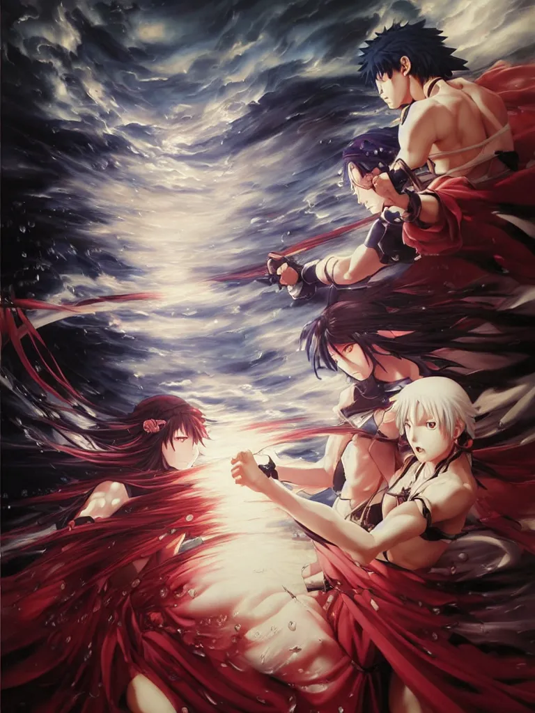 Prompt: baroque oil painting of key visual kunoichi fight, rain, painting by makoto shinkai takashi takeuchi yoshiyuki sadamoto, fate stay night, wlop and artgerm