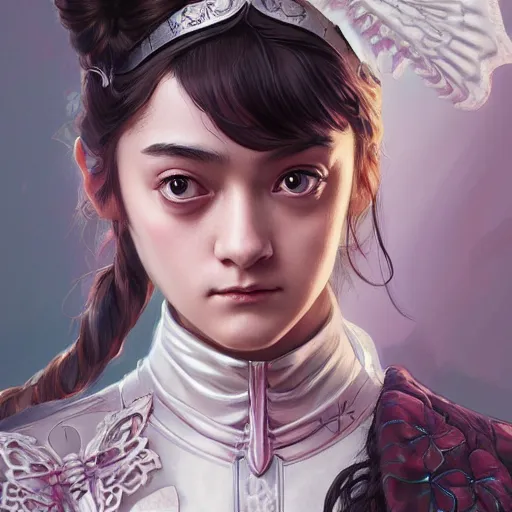 Image similar to portrait of an Hello Kitty Arya Stark hybrid, D&D, fantasy, intricate, elegant, highly detailed, digital painting, artstation, concept art, smooth, sharp focus, illustration, art by artgerm and greg rutkowski and alphonse mucha