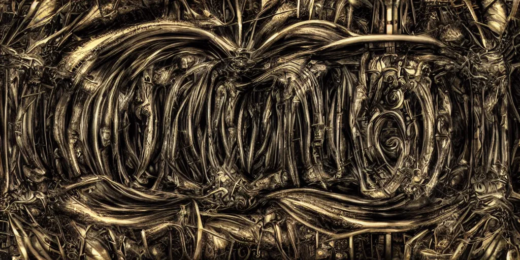 Image similar to the worst nightmare of h. r. giger, symmetrical, clear, focus, dof, underworld, hellish, esoteric, occult, secret