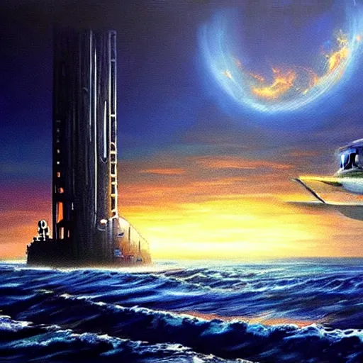 Image similar to a ship off the shore of a beautiful coast with a distant ominous biopunk tower filled with evil technology glowing in the distance, painting by John Berkley