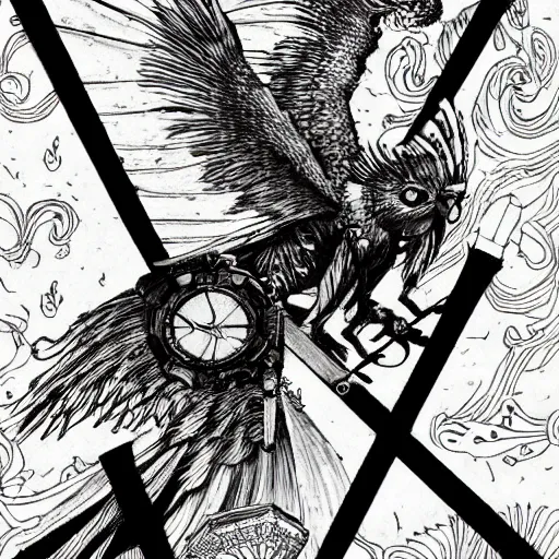 Prompt: precisely drawn illustration of anime flying griffon, old-fashioned tarot card, victorian playing card, sepia tone, wide angle, sharp, fine details, anime, manga, cyberpunk, intense line art, 8k, precise linework, realistic, shaded lighting by katsuhiro otomo ghost-in-the-shell, magali villeneuve, artgerm, rutkowski Jeremy Lipkin and Giuseppe Dangelico Pino and Michael Garmash and Rob Rey