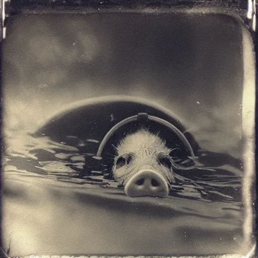 Prompt: tintype photo, swimming deep underwater, alien pig