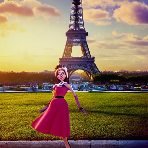 Image similar to Disney character Miraculous posing in front of the eiffel tower, octane render, rimlights. fresh, sunny day