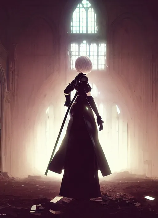 Image similar to portrait of 2 b from nier automata in an abandoned church, dead robots, a large katana, intricate, elegant, glowing lights, highly detailed, digital painting, artstation, concept art, smooth, sharp focus, illustration, art by wlop, mars ravelo and greg rutkowski