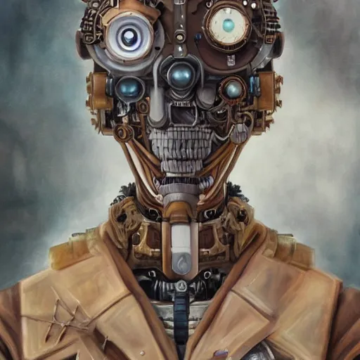 Image similar to portrait painting of a steampunk cyborg conspiracy theorist, transhumanism, ultra realistic, concept art, studio ghibli, intricate details, eerie highly detailed